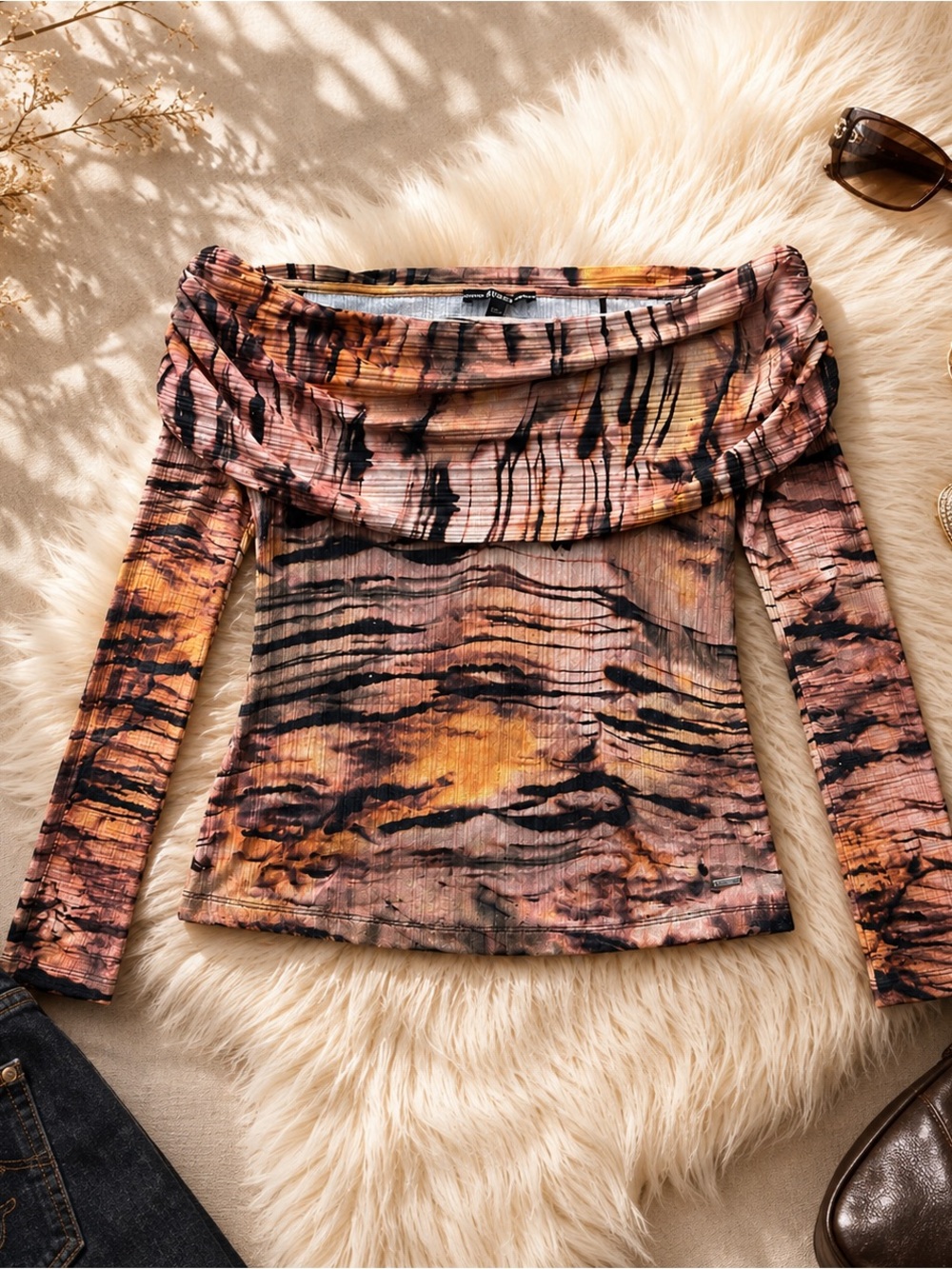 GUESS Y2K Off Shoulder Top Mesh Brown Abstract Grunge Fairycore